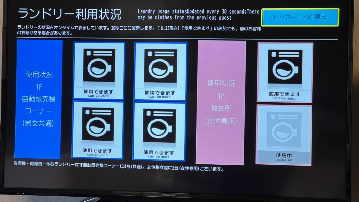 ホテルルートインGrand太田駅前のランドリー利用状況（テレビ画面）